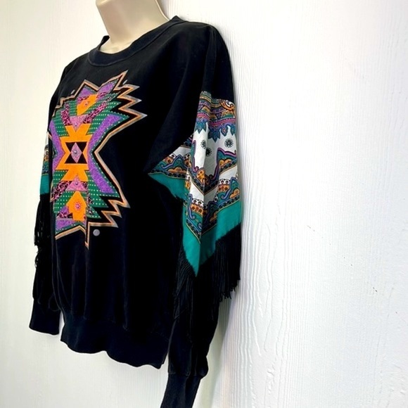 Hazelwood Southwest Fashion - Vintage 80s Black Aztec Fringe Sweatshirt Small - Picture 7 of 12